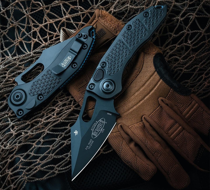 Microtech Borka Stitch Single Edge Black Standard w/ Blue Titanium Bac