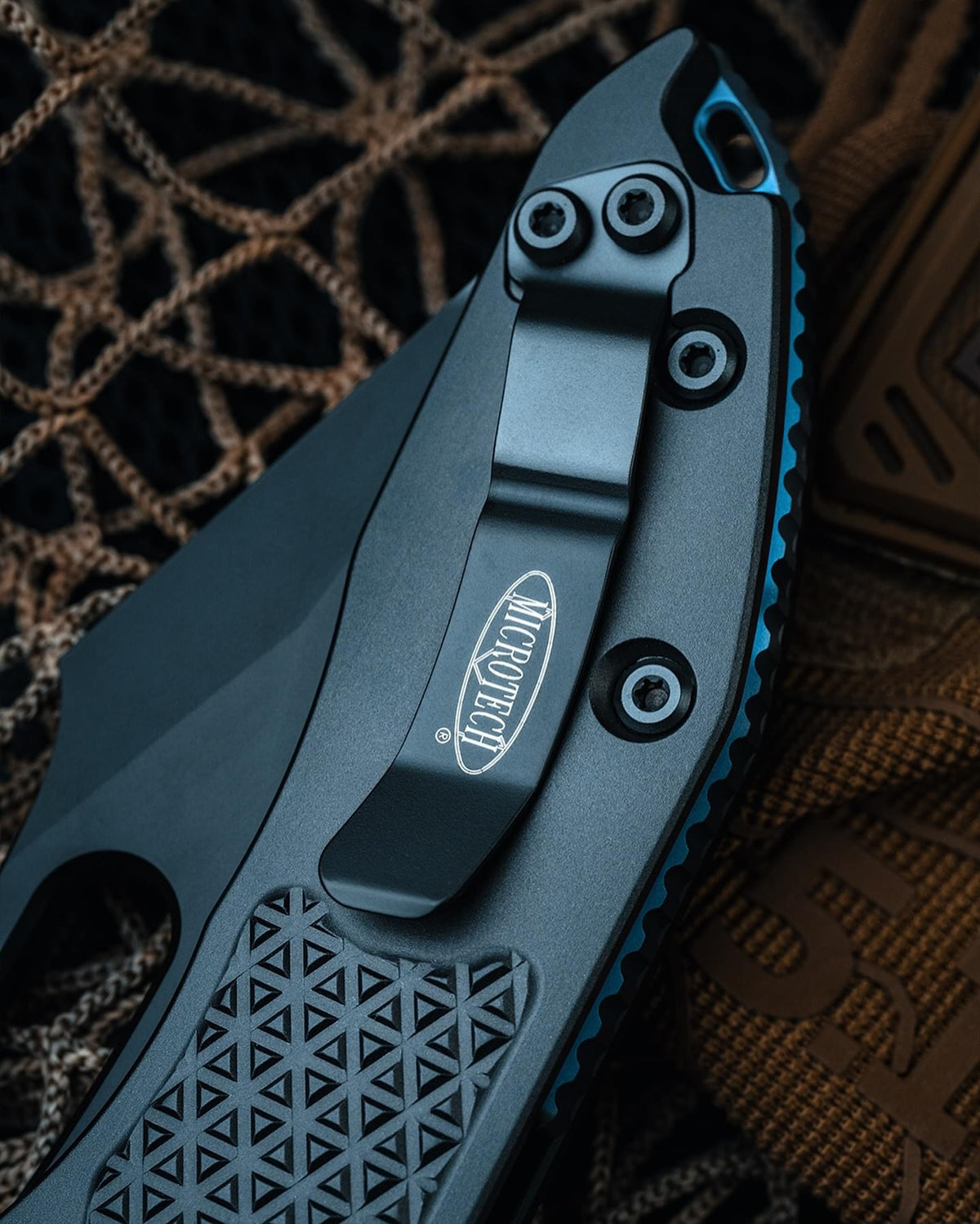 Microtech Borka Stitch Single Edge Black Standard w/ Blue Titanium Bac