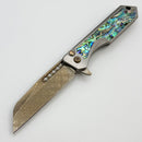 Heretic Knives Custom Jinn Flipper w/ Titanium Abalone Inlaid Handles & Hand Ground Bronze Damascus