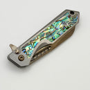 Heretic Knives Custom Jinn Flipper w/ Titanium Abalone Inlaid Handles & Hand Ground Bronze Damascus