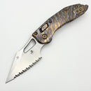 Marfione Select Manual M-Stitch RAM LOK Slab Side Flamed Titanium Handles w/ Bronze Accents & 3" Full Serrated Stonewash M390MK 169MRL-12MS7