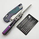 Microtech Marfione Select MSI RAM LOK Mini Frag Nebula Green Titanium Handles w/ Purple Accents & 3.15" Part Serrated Stonewash M390MK 210M-11FRMS18