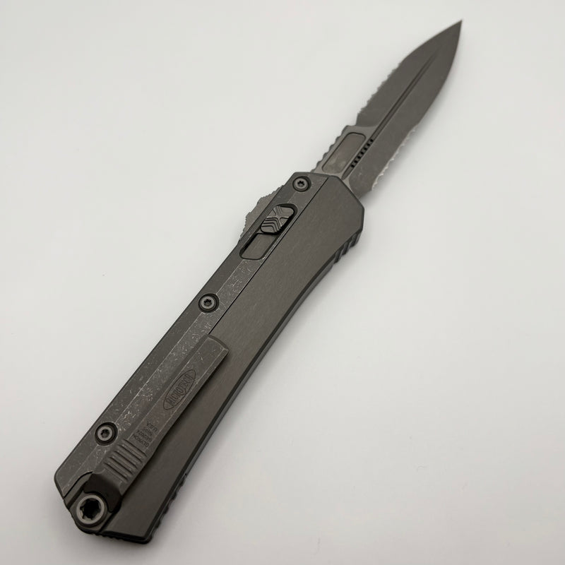 Pre-Owned Microtech Glykon Natural Clear Apocalyptic Standard Bayonet Full Serrated 184-12APNC