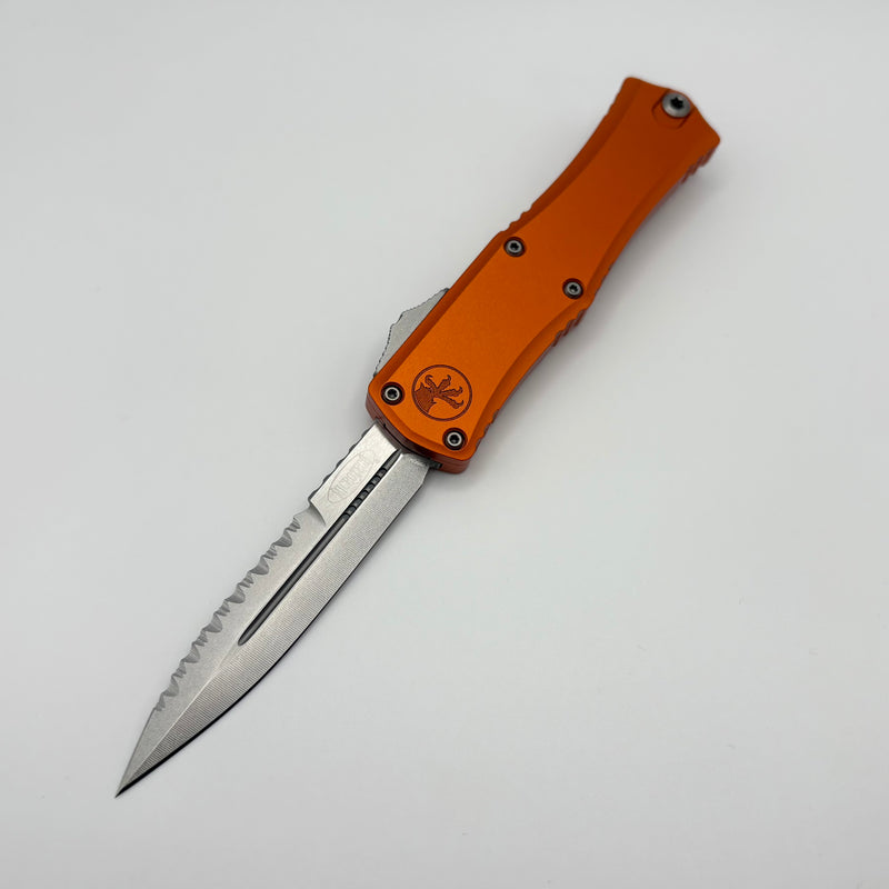 Pre-Owned Microtech Knives Mini Hera Full Serrated Stonewash Bayonet M390MK w/ Orange Handle 1701M-12OR