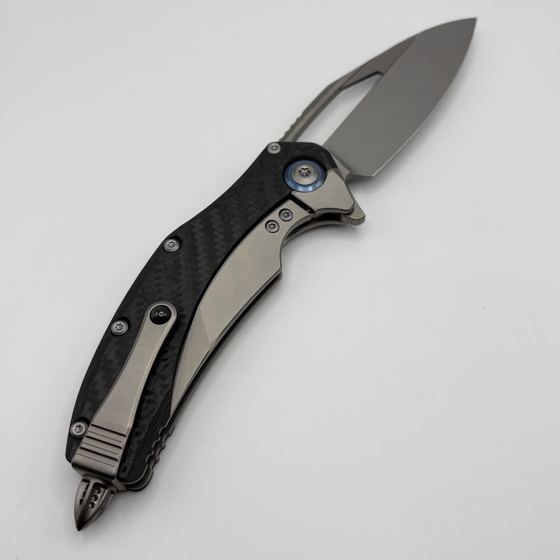 Pre-Owned Microtech Matrix Titanium w/ Carbon Fiber Scales & Blue Ti Pivot Collars w/ Hand Satin M390 165C-4CFTI