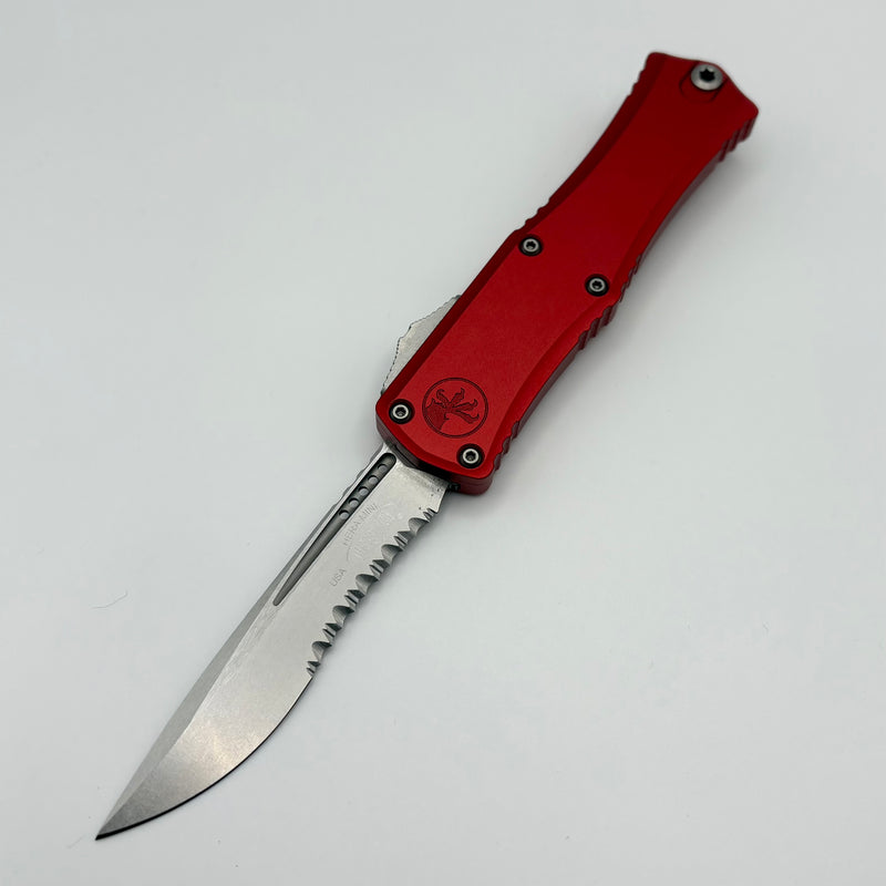 Pre-Owned Microtech Knives Hera II Mini Stonewash Partial Serrated Recurve M390MK w/ Red Handle 1705M-11RD