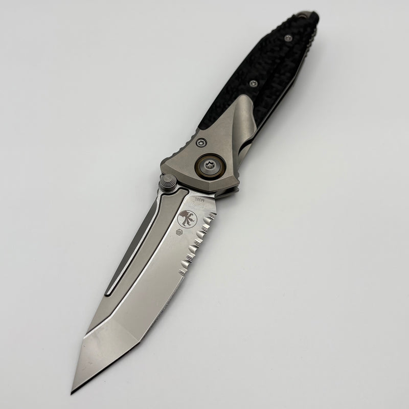 Pre-Owned Microtech Knives Socom Bravo Mini Tanto Partial Serrated Bead Blast Standard w/ Bronze Ti Pivot Collars & Carbon Fiber Scales 261M-8CFTI