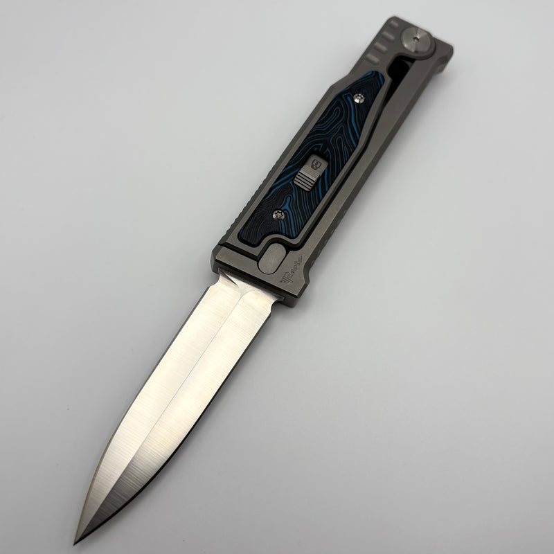 Pre-Owned Reate EXO M Blue/Black Damascus Pattern G-10 & Satin/Stonewash Double Edge