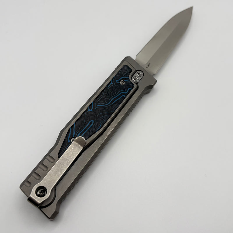 Pre-Owned Reate EXO M Blue/Black Damascus Pattern G-10 & Satin/Stonewash Double Edge