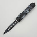 Microtech Dirac Black/White Hex Camo Handle D/E Signature Series 225-1BKWHHXCS