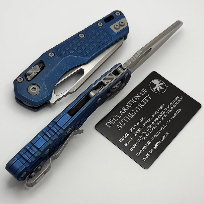Microtech Marfione Select MSI RAM LOK Antique Blue Frag Titanium Handl