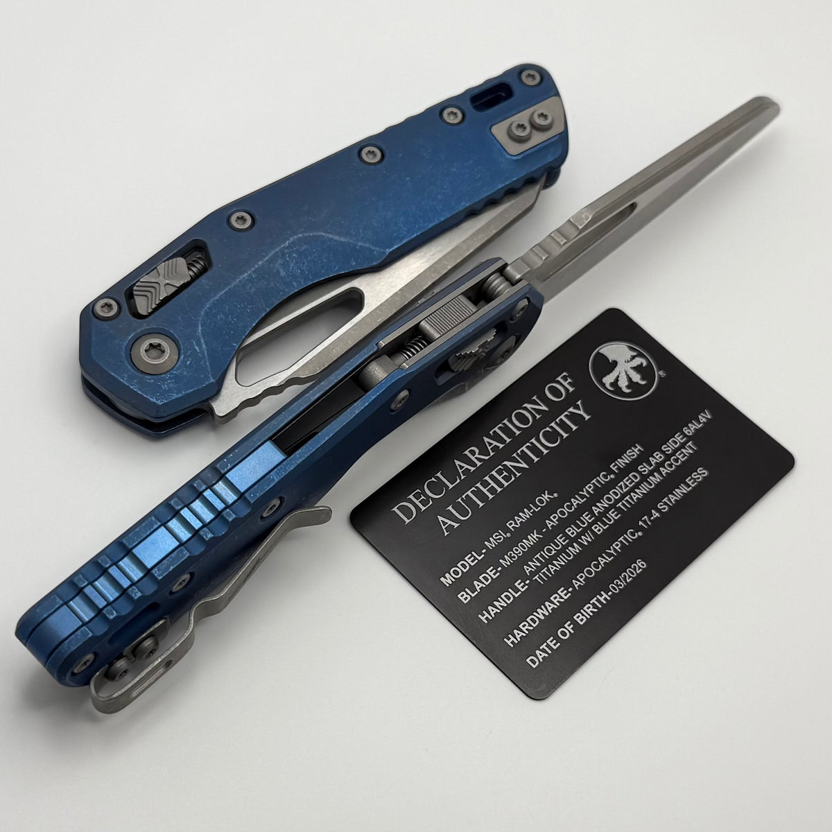Microtech Marfione Select MSI RAM LOK Antique Blue Slab Side Titanium