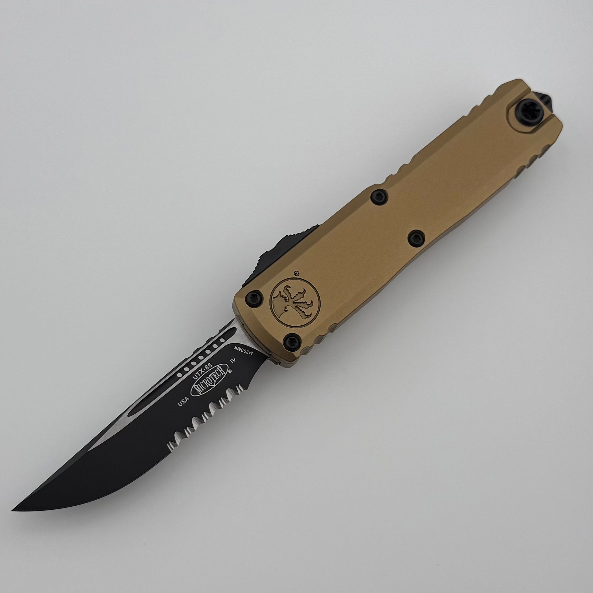 Microtech UTX-85 Gen IV w/ Tan Handle & Black Serrated S/E M390MK 1231