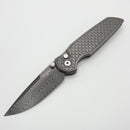 Pro-Tech TR-3 Integrity Custom Manual Relic Stonewash Stainless Handles w/ Black Lip Pearl Button & Vegas Forge Herringbone Damascus