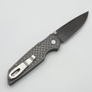 Pro-Tech TR-3 Integrity Custom Manual Relic Stonewash Stainless Handles w/ Black Lip Pearl Button & Vegas Forge Herringbone Damascus
