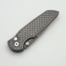 Pro-Tech TR-3 Integrity Custom Manual Relic Stonewash Stainless Handles w/ Black Lip Pearl Button & Vegas Forge Herringbone Damascus