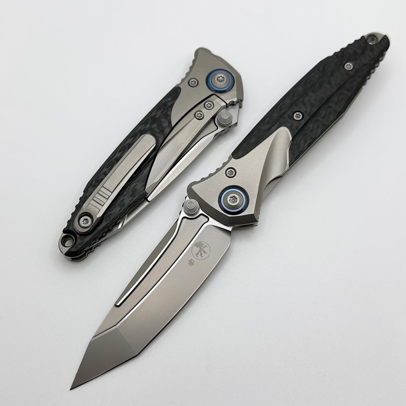 Microtech Knives Socom Bravo Mini Tanto Bead Blast Standard w/ Blue Ti Pivot Collars & Carbon Fiber Scales 261M-7CFTI