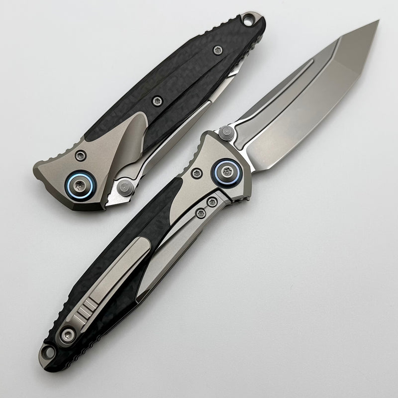 Microtech Knives Socom Bravo Mini Tanto Bead Blast Standard w/ Blue Ti Pivot Collars & Carbon Fiber Scales 261M-7CFTI