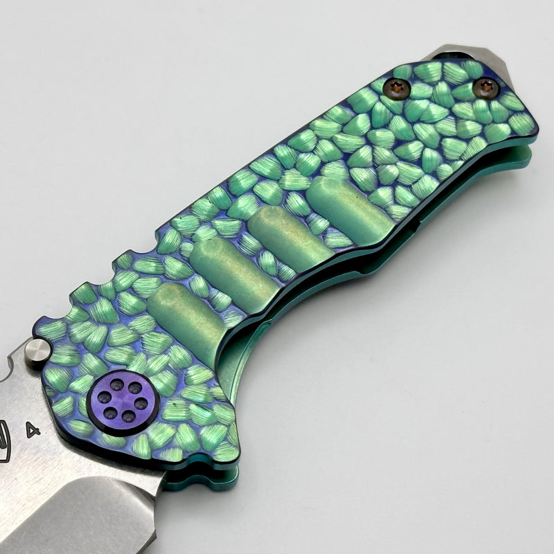 Medford Praetorian Genesis T Ecto Green "Peaks & Valleys Hulk" Handles w/ Violet Hardware/Clip & S45VN Tumbled Tanto