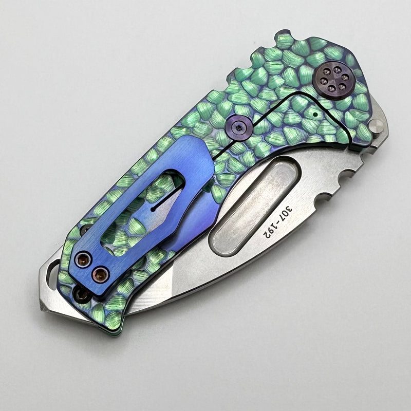 Medford Praetorian Genesis T Ecto Green "Peaks & Valleys Hulk" Handles w/ Violet Hardware/Clip & S45VN Tumbled Tanto