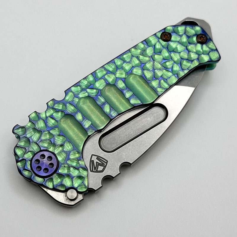 Medford Praetorian Genesis T Ecto Green "Peaks & Valleys Hulk" Handles w/ Violet Hardware/Clip & S45VN Tumbled Tanto