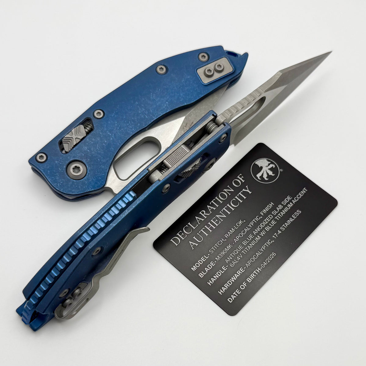 Microtech Marfione Select Manual Stitch RAM LOK Antique Blue Slab Side