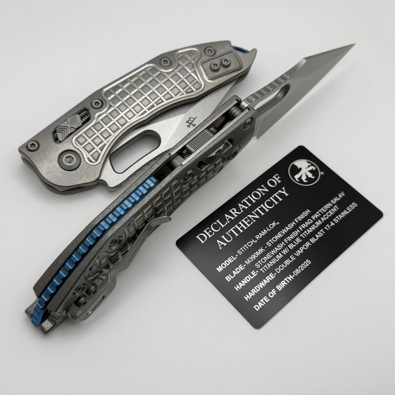 Microtech Marfione Select Manual Stitch RAM LOK Frag Titanium Handles & Stonewash M390MK w/ Double Vapor Blast & Blue Accents 169RL-10FRMS2
