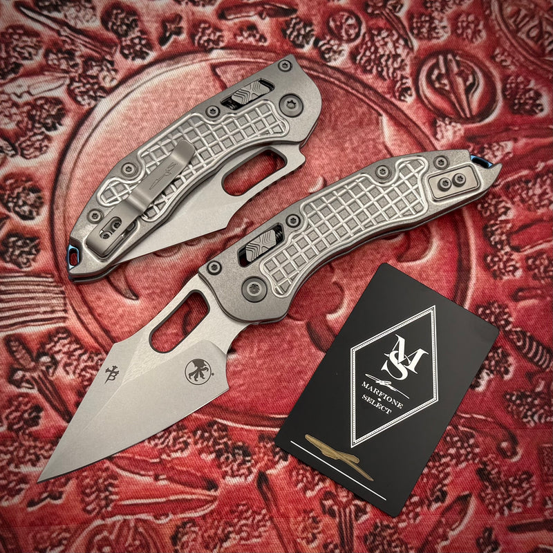 Microtech Marfione Select Manual Stitch RAM LOK Frag Titanium Handles & Stonewash M390MK w/ Double Vapor Blast & Blue Accents 169RL-10FRMS2