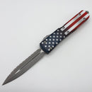 Pre Owned Microtech Ultratech Double Edge Apocalyptic Full Serrated USA Flag Blade Show Signature Series 122-12APFLAGS