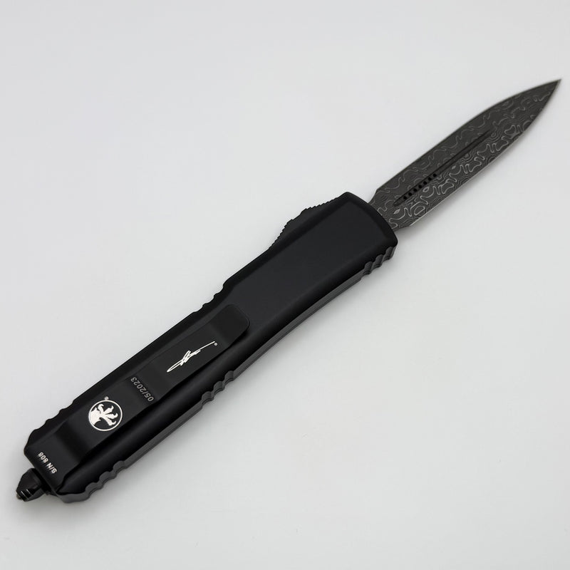 Pre Owned Microtech Ultratech Damascus Double Edge & Black w/ Ringed Hardware Signature Series 122-16S