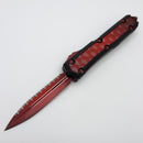 Pre Owned Microtech Makora Weathered Red Full Serrated Double Edge w/ Weathered Red Bubble Inlays & DLC Deep Engraving w/ Nickel Boron Internals Signature Series 206-3BIWRDS