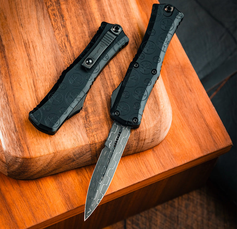 Microtech Knives Marfione Select Hera II Mini Vegas Forge Damascus Bayonet w/ Black Claw Burst Deep Engraved Handle Signature Series 1701M-16MS1