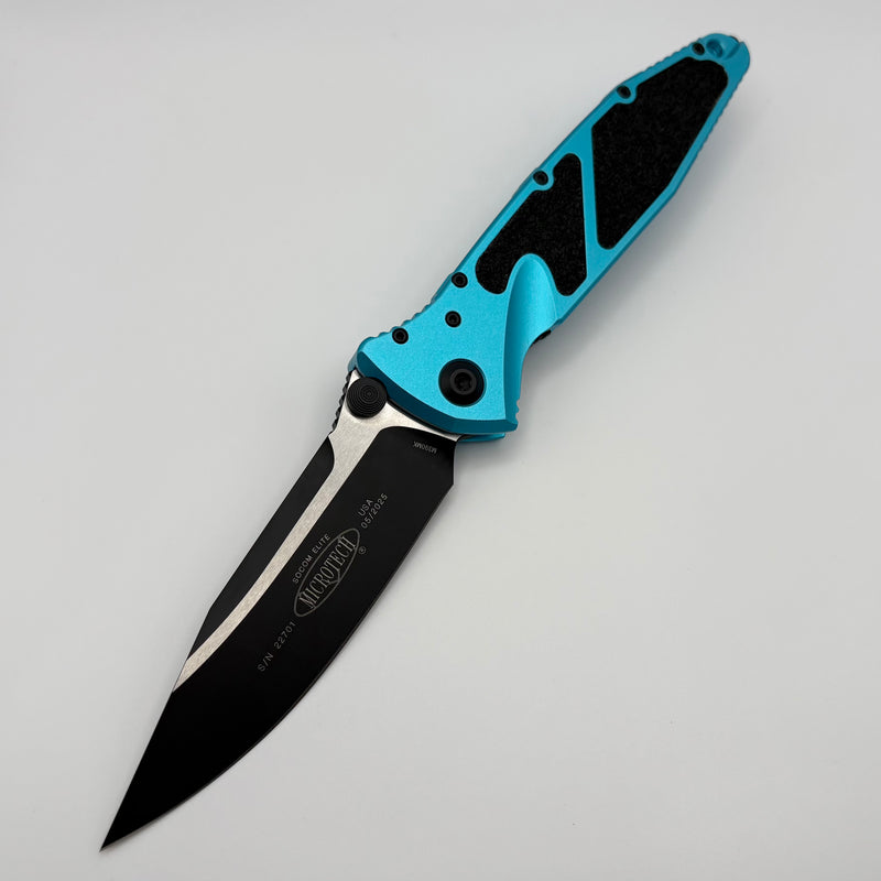 Grenade Blem Microtech Socom Elite Manual Black Single Edge w/ Turquoise Handles 160-1TQ