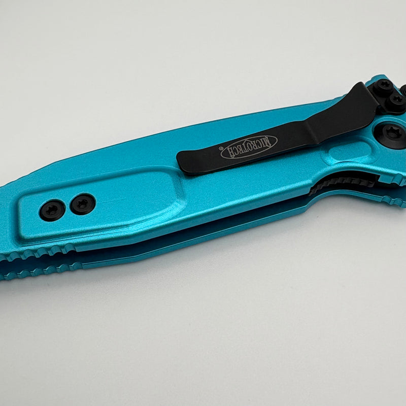 Grenade Blem Microtech Socom Elite Manual Black Single Edge w/ Turquoise Handles 160-1TQ