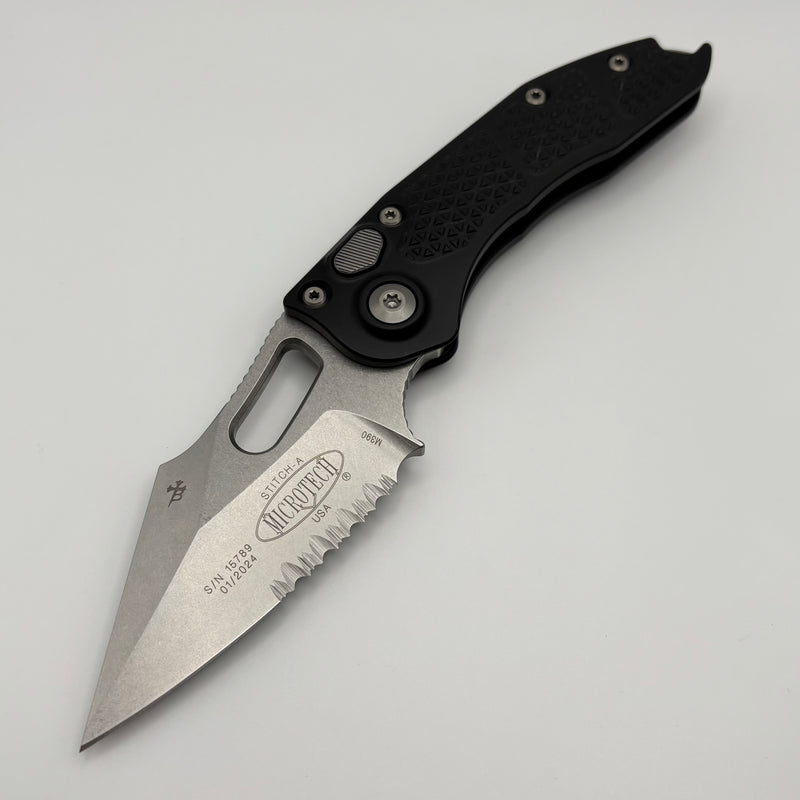 Pre-Owned Microtech Borka Stitch Stonewash Partial Serrated & Black 169-11