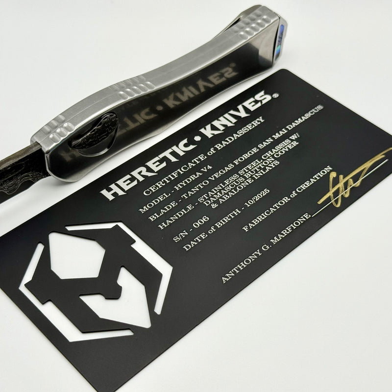 Heretic Custom Hydra V4 Stainless Steel Handle w/ Abalone Inlays & Vegas Forge San Mai Damascus Tanto