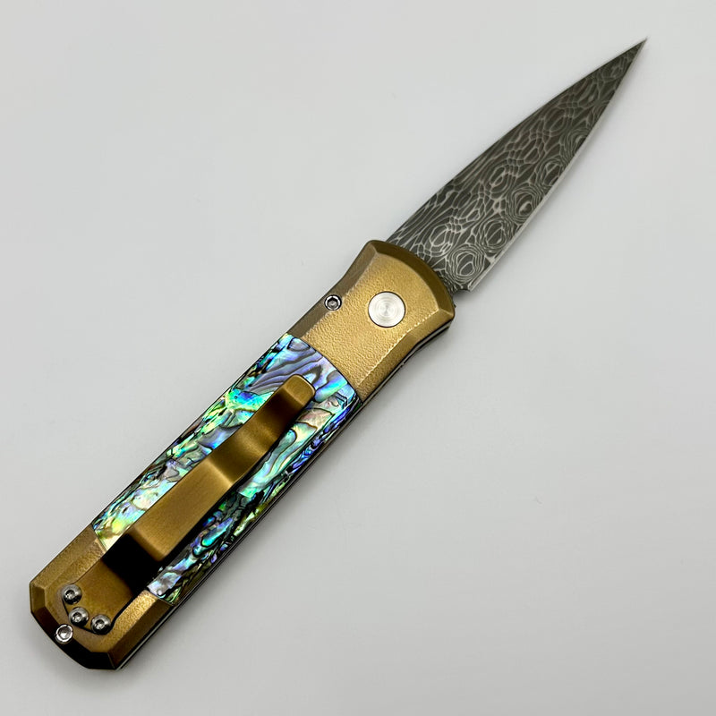 Pro-Tech Godson Bronze Titanium & Abalone Inlays w/ Vegas Forge Damascus Blade 2024 Godson Custom.002