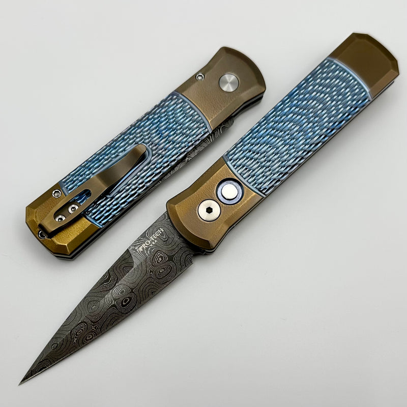 Pro-Tech Godson Bronze Ti Bolsters & Blue Jigged Ti w/ Pearl Button & Nichols Damascus Blade 2024 Godson Custom.004