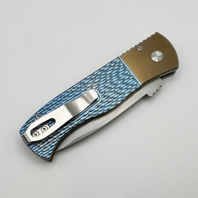 Pro-Tech Emerson Titanium Blue/Bronze Handle w/ Pearl Button & Stonewash 20CV Blade 2024 Emerson Custom.003