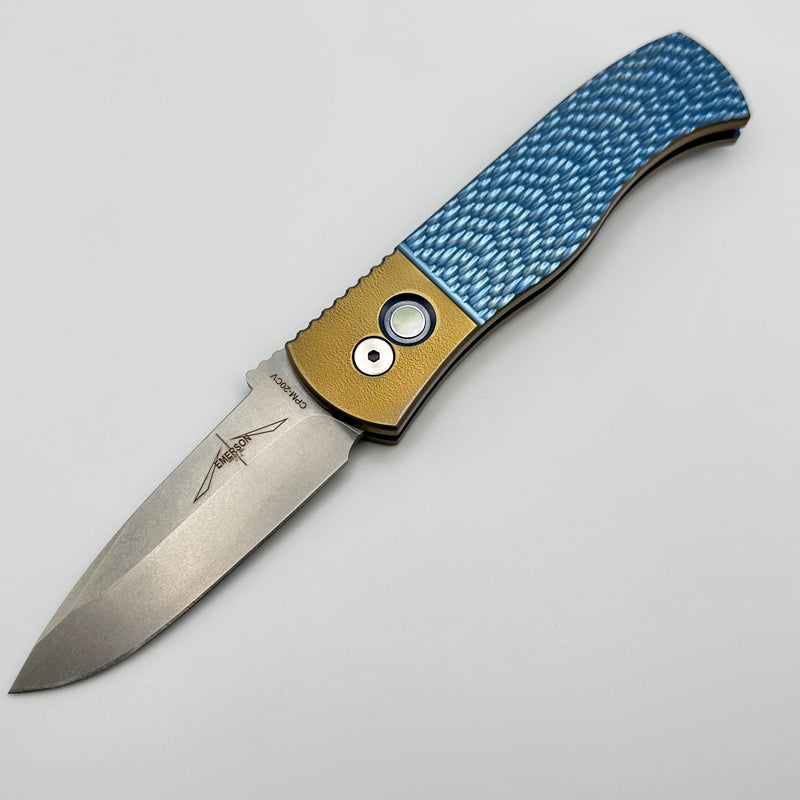 Pro-Tech Emerson Titanium Blue/Bronze Handle w/ Pearl Button & Stonewash 20CV Blade 2024 Emerson Custom.003