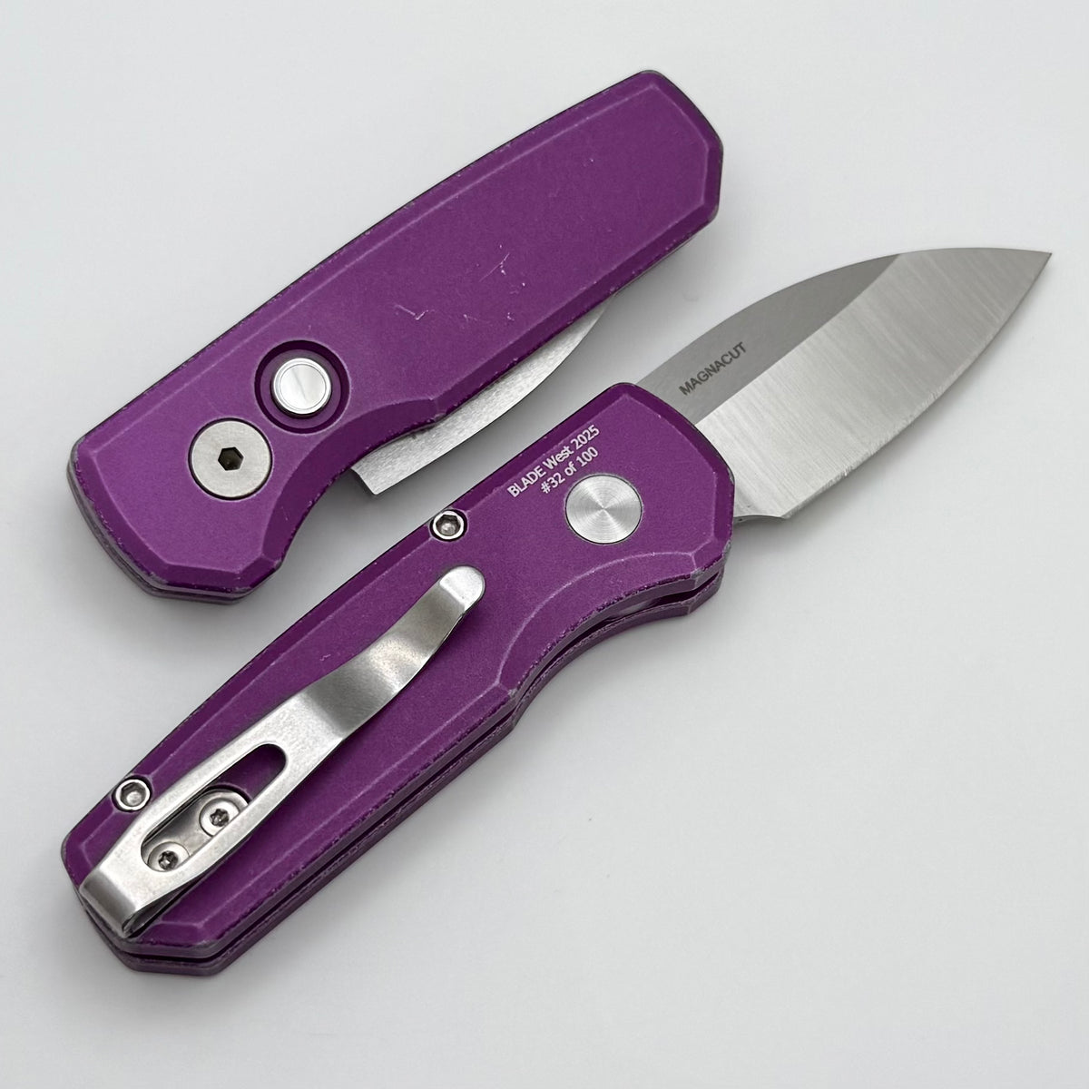 Pro-Tech Runt 5 w/ Battleworn Purple Handle & Satin Wharncliffe MagnaC