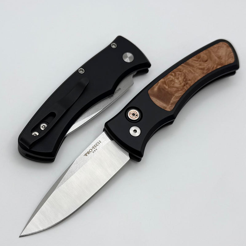 Pro-Tech Duke Black Aluminum Handle w/ Maple Burl Inlay & Mosaic Button w/ Satin MagnaCut DUKE2110-Maple