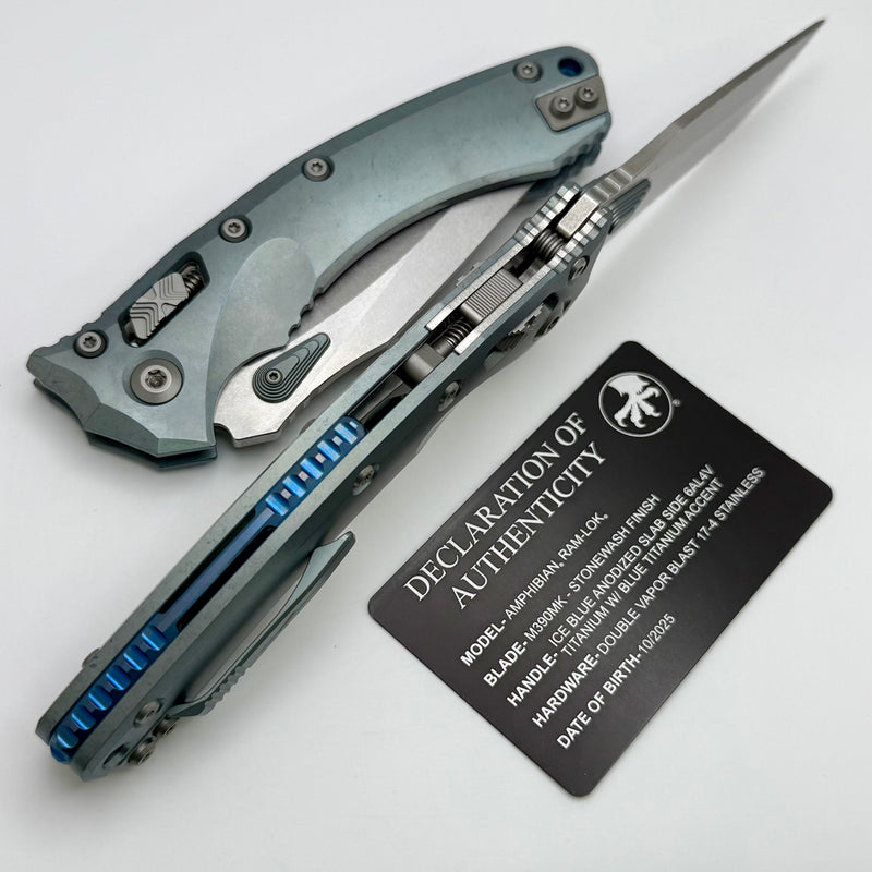 Microtech Marfione Select Amphibian RAM LOK Ice Blue Titanium Handles & Stonewash M390MK & Blue Accents 137RL-10MS6