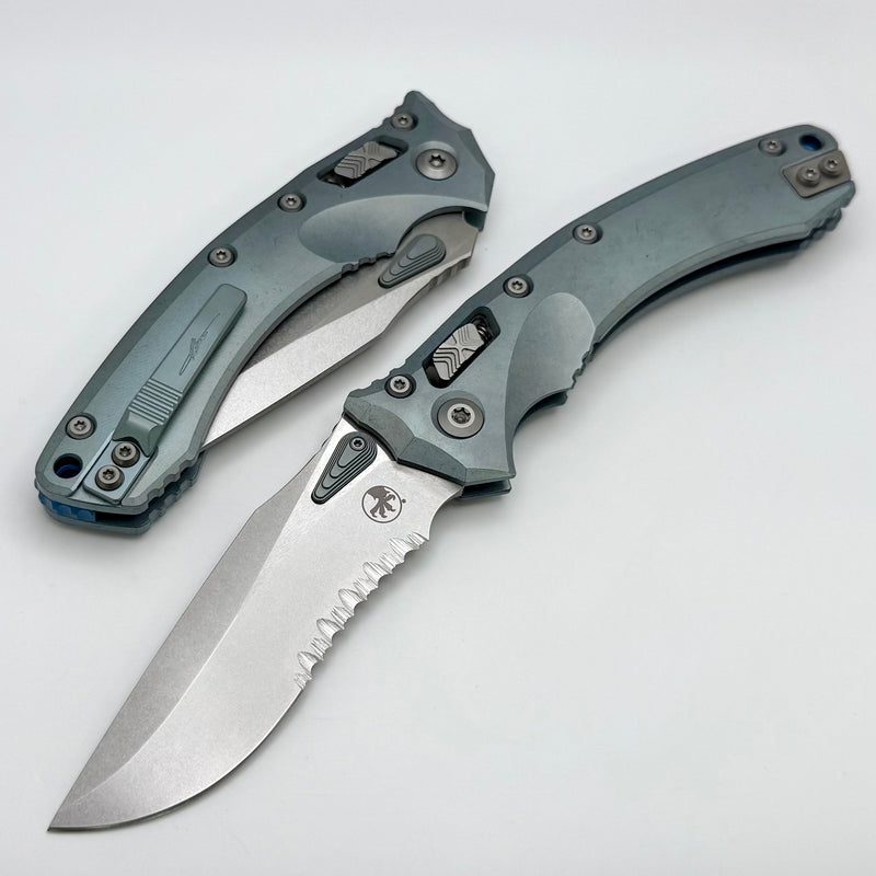 Microtech Marfione Select Amphibian RAM LOK Ice Blue Titanium Handles & Serrated Stonewash M390MK & Blue Accents 137RL-11MS6