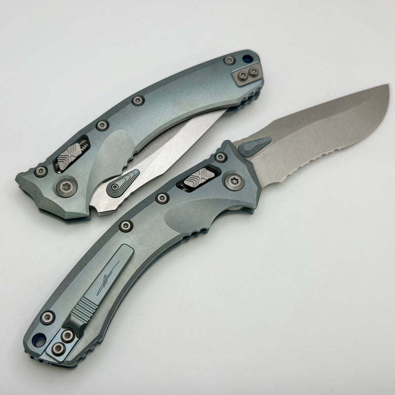 Microtech Marfione Select Amphibian RAM LOK Ice Blue Titanium Handles & Serrated Stonewash M390MK & Blue Accents 137RL-11MS6