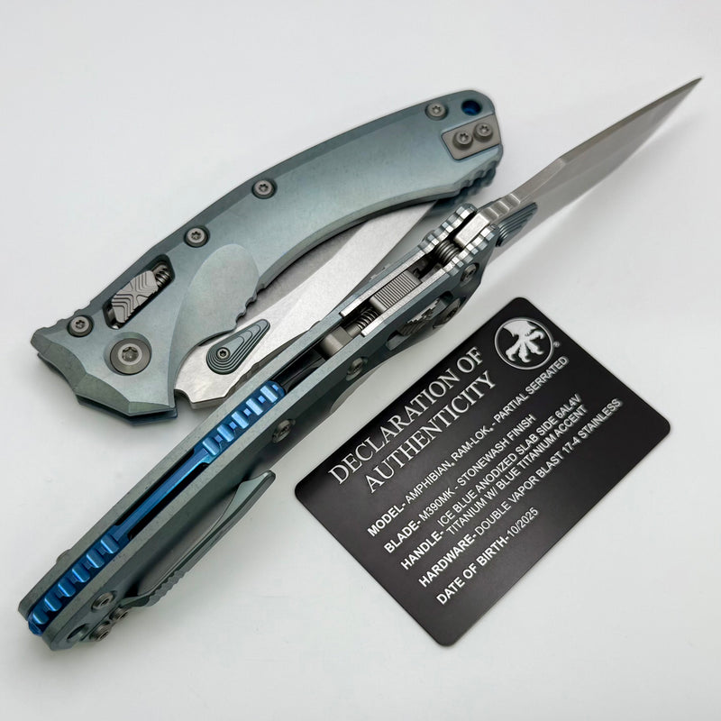 Microtech Marfione Select Amphibian RAM LOK Ice Blue Titanium Handles & Serrated Stonewash M390MK & Blue Accents 137RL-11MS6