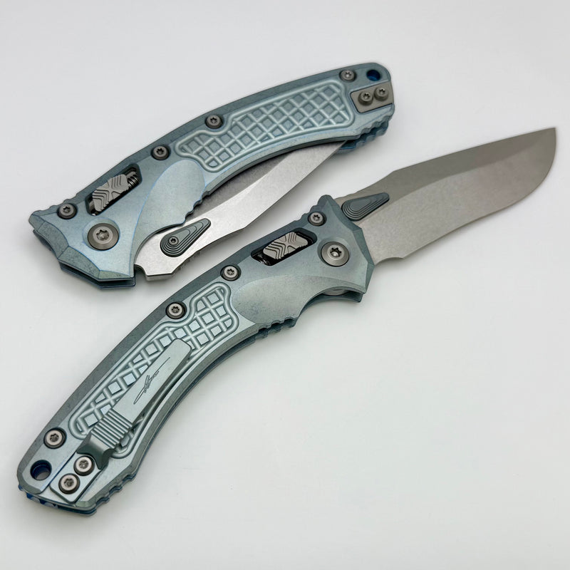 Microtech Marfione Select Amphibian RAM LOK Ice Blue Frag Titanium Handles & Stonewash M390MK & Blue Accents 137RL-10FRMS6