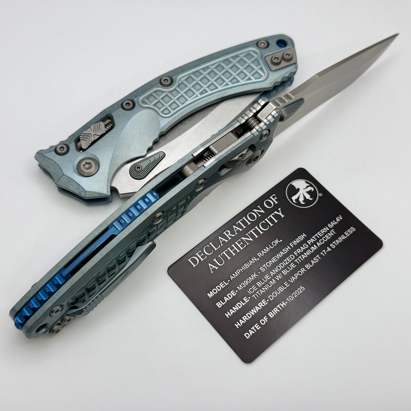 Microtech Marfione Select Amphibian RAM LOK Ice Blue Frag Titanium Handles & Stonewash M390MK & Blue Accents 137RL-10FRMS6