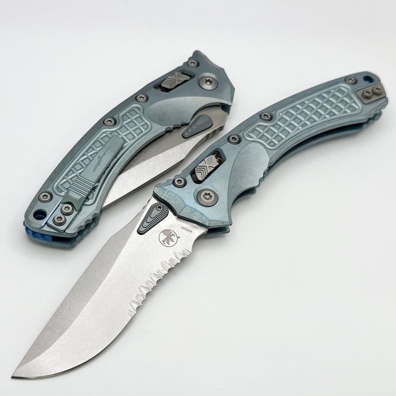 Microtech Marfione Select Amphibian RAM LOK Ice Blue Frag Titanium Handles & Serrated Stonewash M390MK & Blue Accents 137RL-11FRMS6