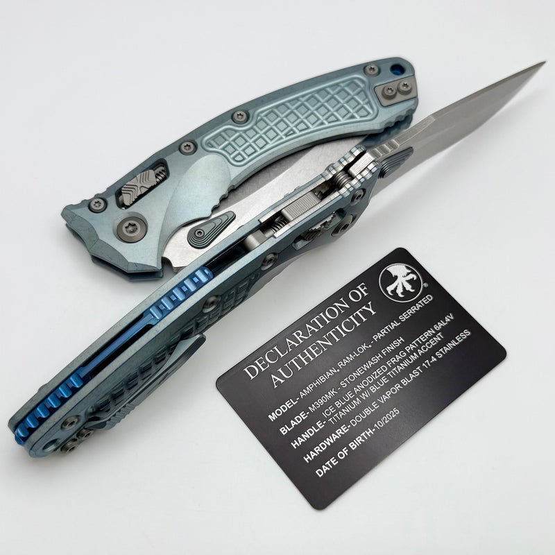 Microtech Marfione Select Amphibian RAM LOK Ice Blue Frag Titanium Handles & Serrated Stonewash M390MK & Blue Accents 137RL-11FRMS6